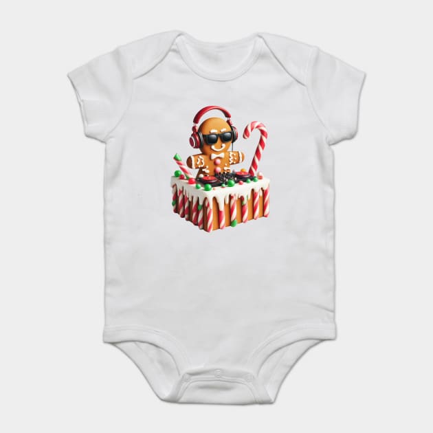 Funny Gingerbread DJ Booth Christmas Holiday Candy Cane Baby Bodysuit by Frank Ring